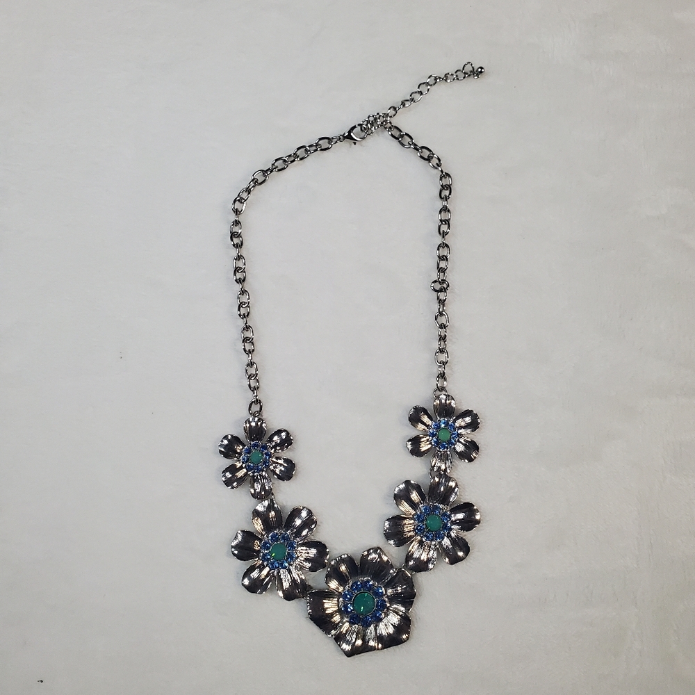 Floral Silver and Blue & Green Necklace